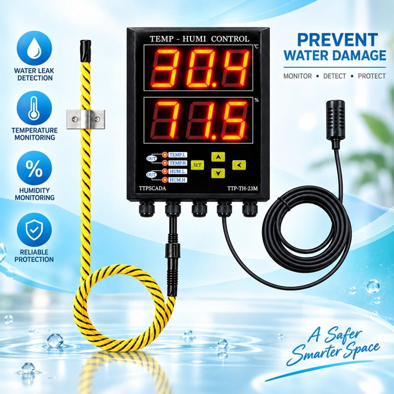 Đồng hồ TTP-TH-23M cảnh báo nhiệt độ, độ ẩm và cảnh báo rò rỉ nước